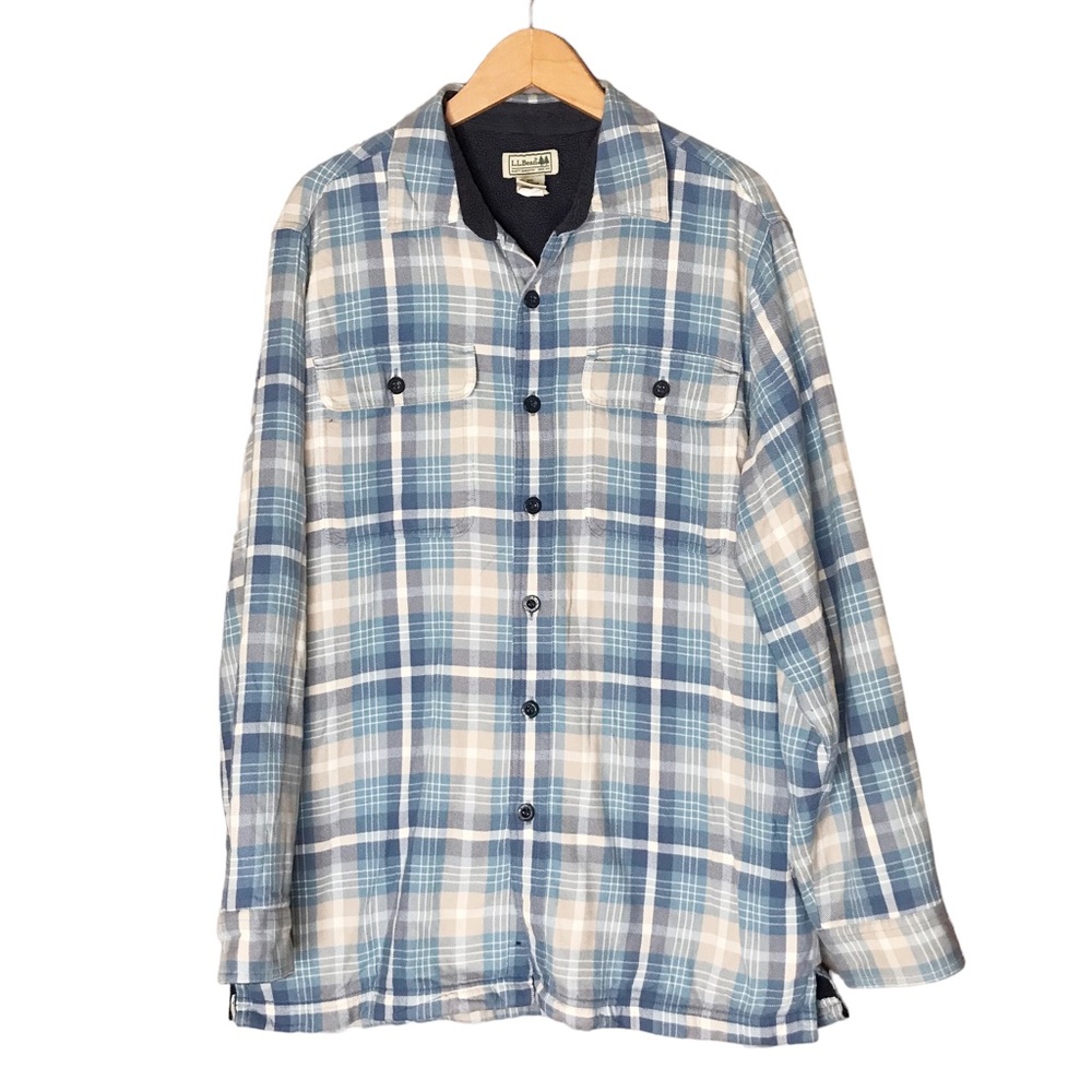 L.L. Bean Men’s Fleece Lining Flannel Shirt Jacket Plaid Blue Cream Medium